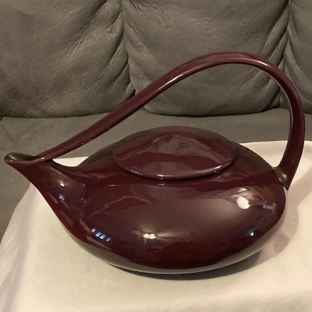 Judith Weber Swirl Handle Mulberry/Burgundy Classic Porcelain Tea Pot-Signed-EUC - Picture 1 of 11